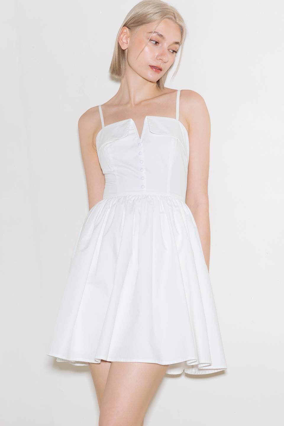 Women’s Cotton Mini Dress – Straight Neck V Detail Full Skirt Summer Dress