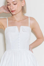 Women’s Cotton Mini Dress – Straight Neck V Detail Full Skirt Summer Dress