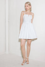 Women’s Cotton Mini Dress – Straight Neck V Detail Full Skirt Summer Dress