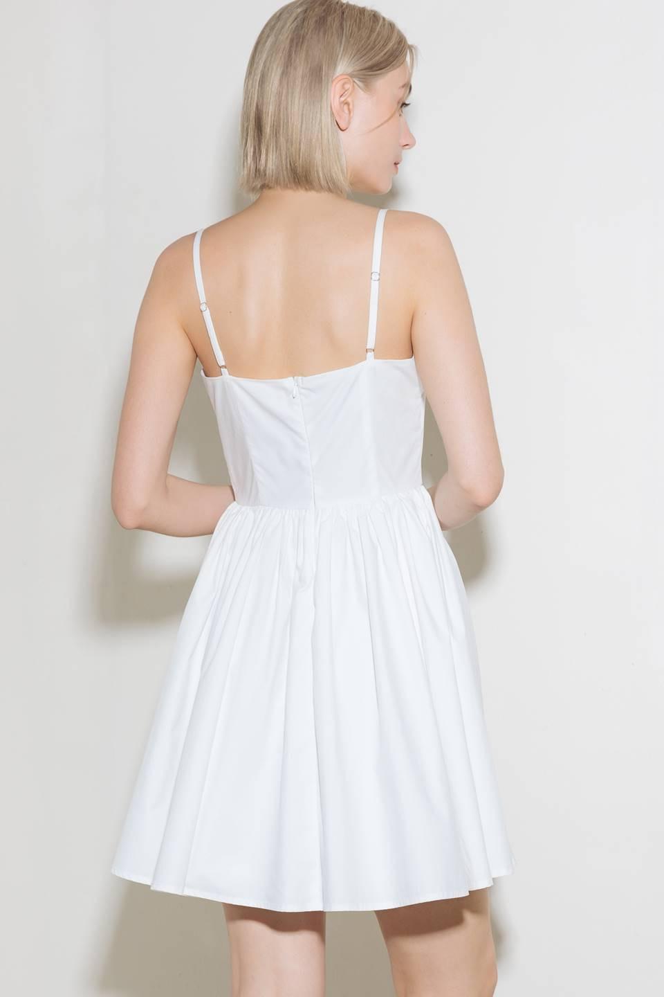 Women’s Cotton Mini Dress – Straight Neck V Detail Full Skirt Summer Dress