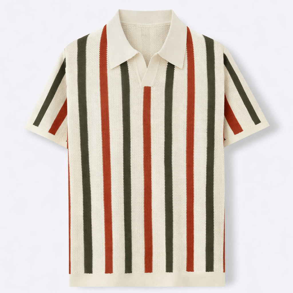 Men’s Quiet Luxury Textured Knit Shirt – Striped Hardware-Free Placket Relaxed Tailored Fit Top