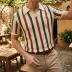 Men’s Quiet Luxury Textured Knit Shirt – Striped Hardware-Free Placket Relaxed Tailored Fit Top