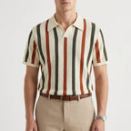 Men’s Quiet Luxury Textured Knit Shirt – Striped Hardware-Free Placket Relaxed Tailored Fit Top