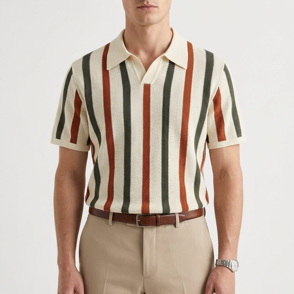 Men’s Quiet Luxury Textured Knit Shirt – Striped Hardware-Free Placket Relaxed Tailored Fit Top