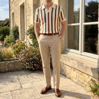 Men’s Quiet Luxury Textured Knit Shirt – Striped Hardware-Free Placket Relaxed Tailored Fit Top