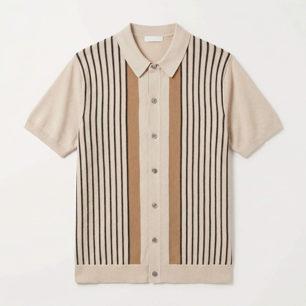 Men’s Striped Soft Knit Button-Up Shirt – Relaxed Fit Casual Smart Shirt
