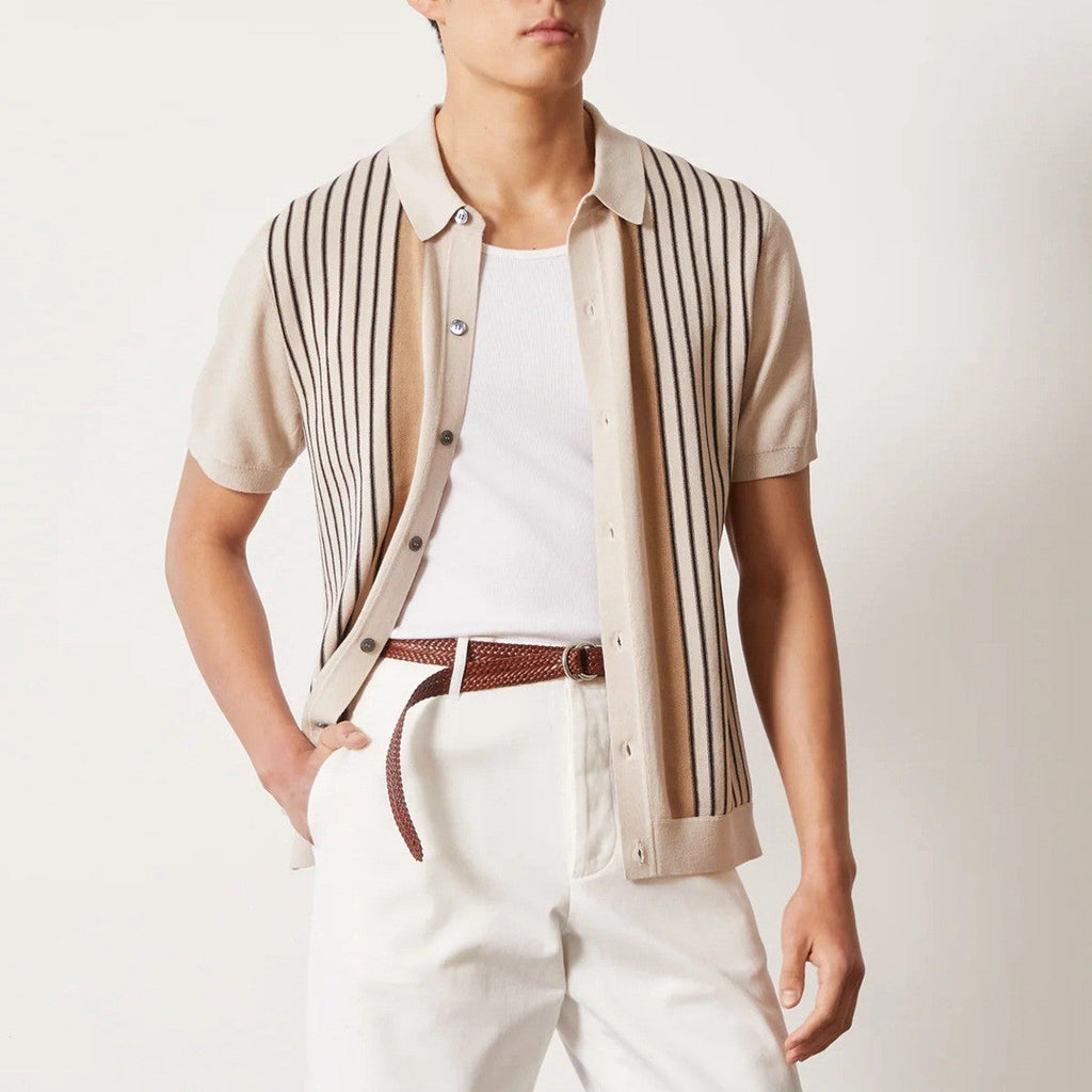 Men’s Striped Soft Knit Button-Up Shirt – Relaxed Fit Casual Smart Shirt