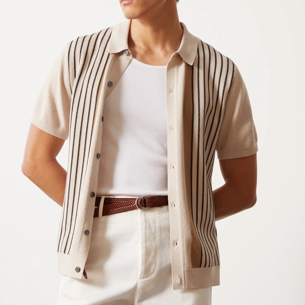 Men’s Striped Soft Knit Button-Up Shirt – Relaxed Fit Casual Smart Shirt