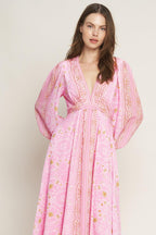 Women’s Printed V-Neck Maxi Dress – Long Sleeve Elastic Waist Flowing Summer Dress