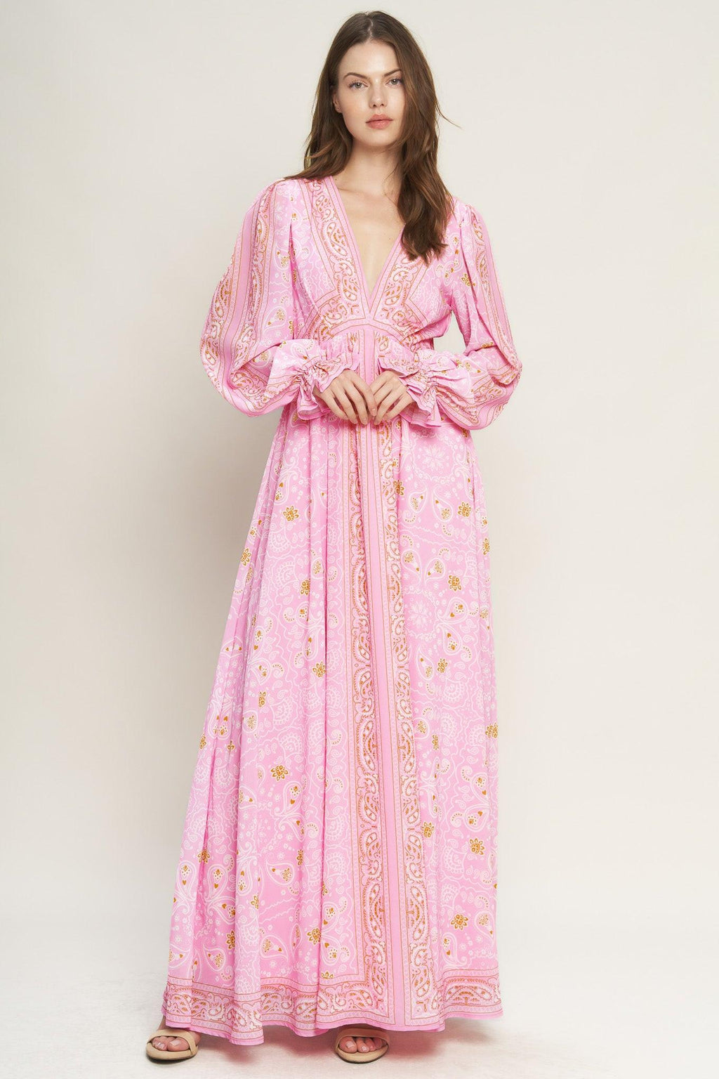 Women’s Printed V-Neck Maxi Dress – Long Sleeve Elastic Waist Flowing Summer Dress
