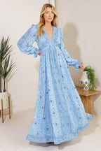 Women’s Printed V-Neck Maxi Dress – Long Sleeve Elastic Waist Flowing Summer Dress