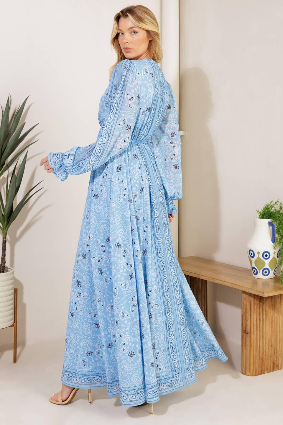 Women’s Printed V-Neck Maxi Dress – Long Sleeve Elastic Waist Flowing Summer Dress