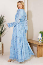 Women’s Printed V-Neck Maxi Dress – Long Sleeve Elastic Waist Flowing Summer Dress