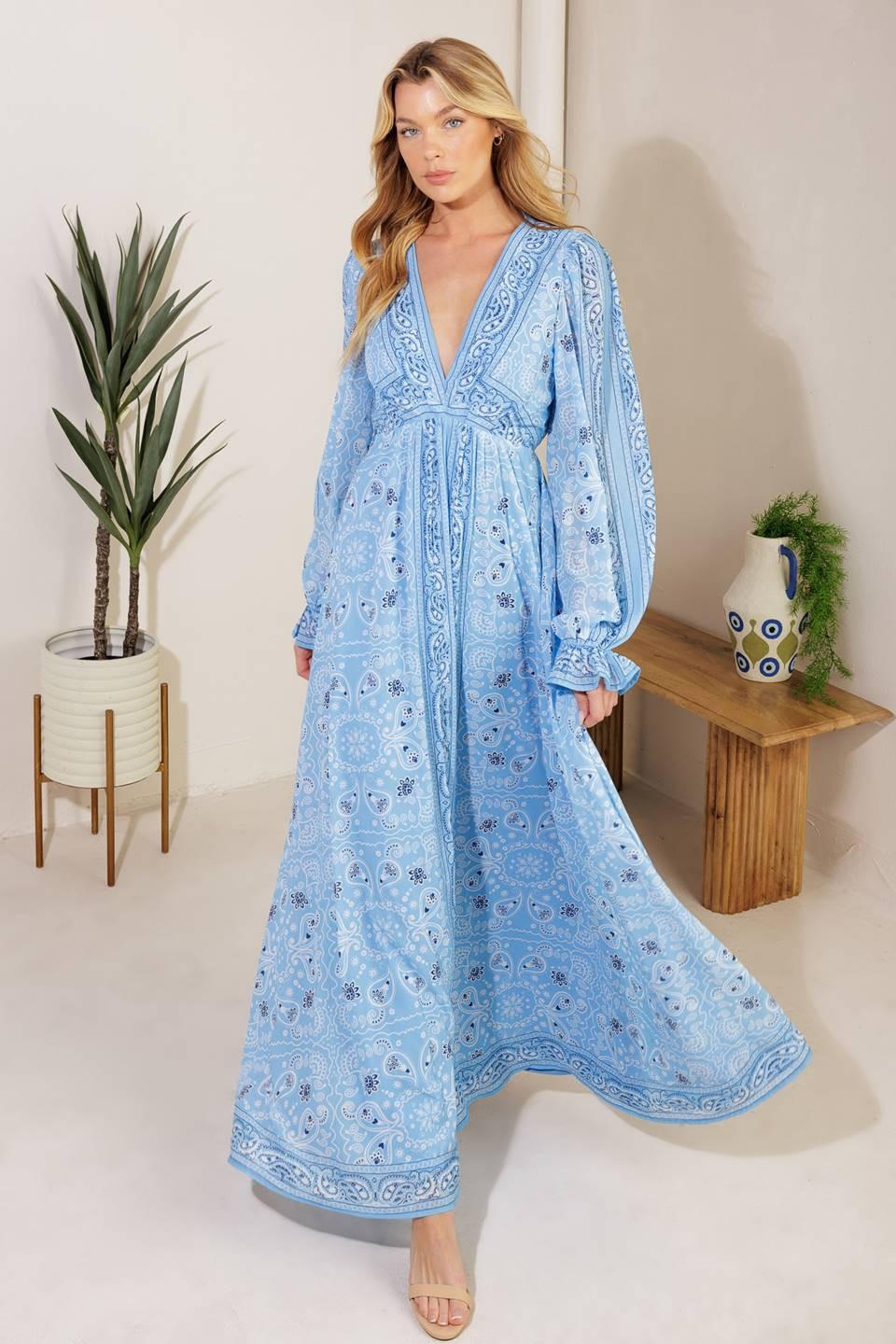 Women’s Printed V-Neck Maxi Dress – Long Sleeve Elastic Waist Flowing Summer Dress