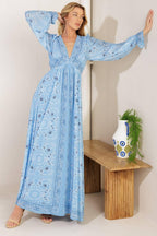 Women’s Printed V-Neck Maxi Dress – Long Sleeve Elastic Waist Flowing Summer Dress