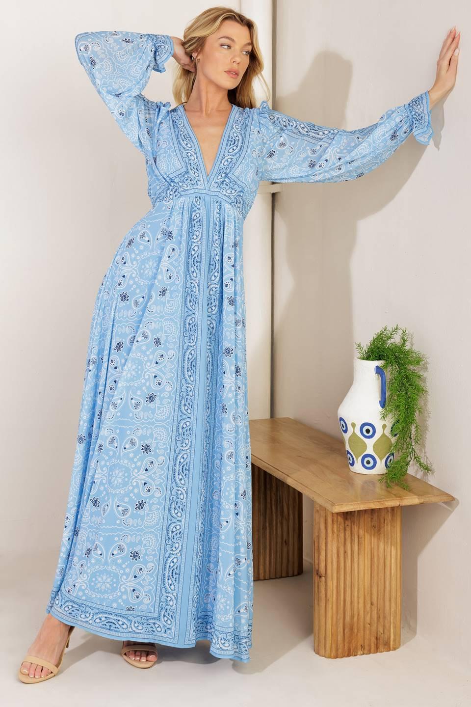 Women’s Printed V-Neck Maxi Dress – Long Sleeve Elastic Waist Flowing Summer Dress