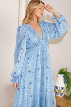 Women’s Printed V-Neck Maxi Dress – Long Sleeve Elastic Waist Flowing Summer Dress