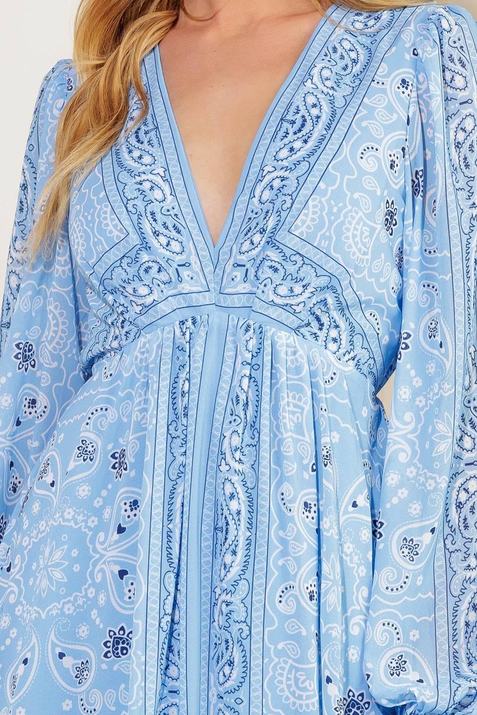 Women’s Printed V-Neck Maxi Dress – Long Sleeve Elastic Waist Flowing Summer Dress