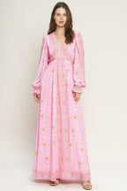 Women’s Printed V-Neck Maxi Dress – Long Sleeve Elastic Waist Flowing Summer Dress