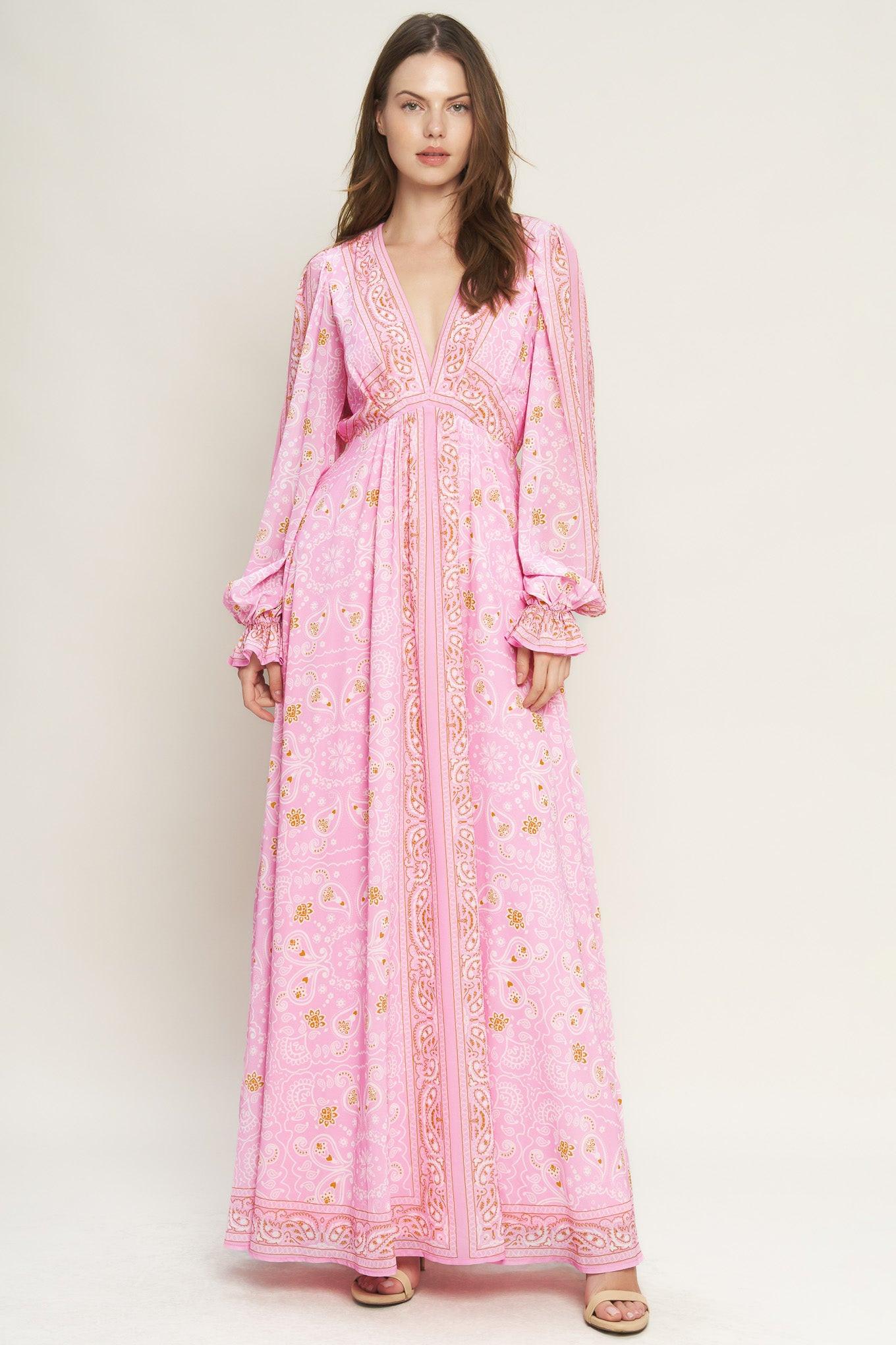 Women’s Printed V-Neck Maxi Dress – Long Sleeve Elastic Waist Flowing Summer Dress