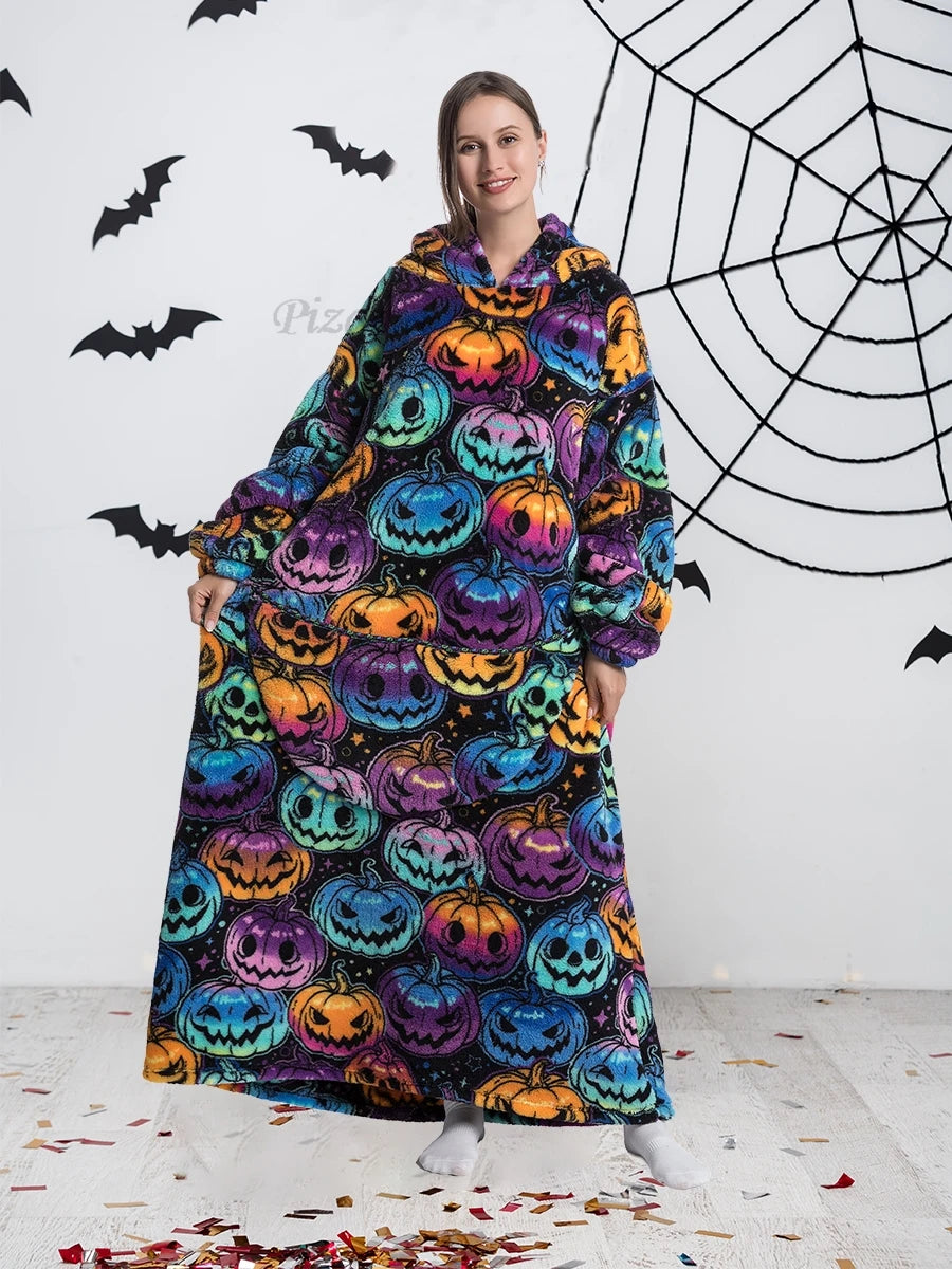 Oversized pumpkin hoodie blanket showing full width