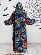 Back view of pumpkin print hoodie blanket