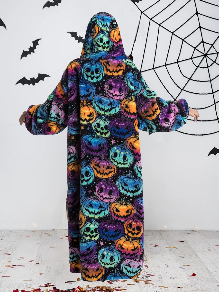 Back view of pumpkin print hoodie blanket