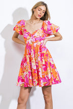 Printed Sweetheart Neck Puff Sleeve Mini Dress