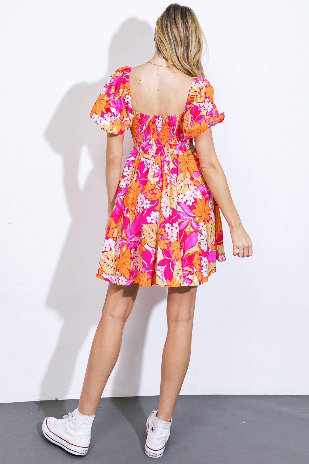 Printed Sweetheart Neck Puff Sleeve Mini Dress