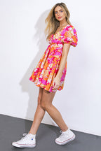 Printed Sweetheart Neck Puff Sleeve Mini Dress