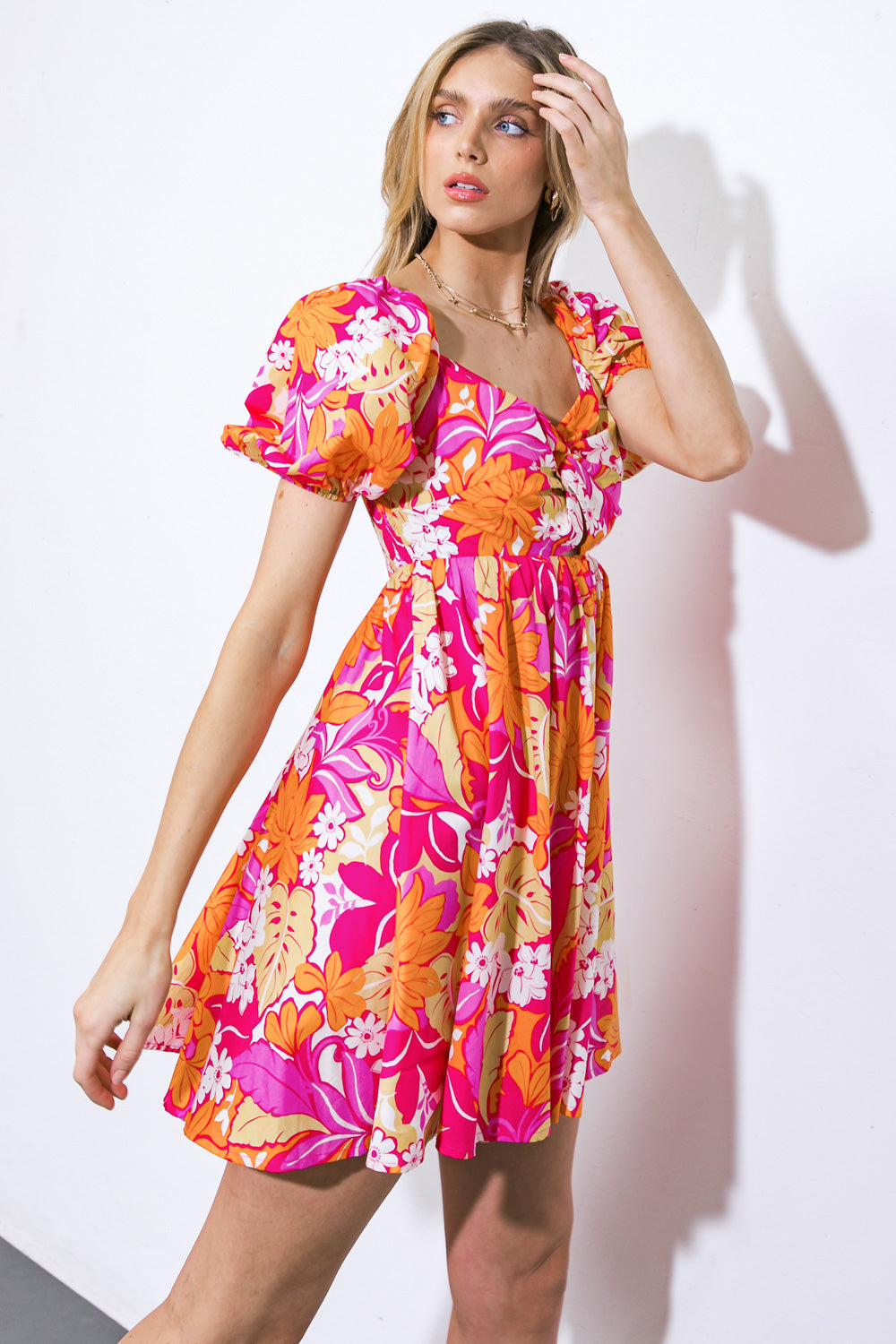 Printed Sweetheart Neck Puff Sleeve Mini Dress