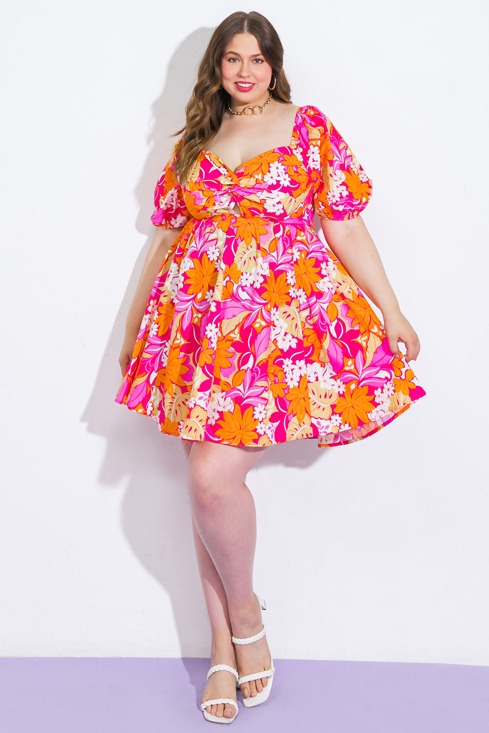 Printed Sweetheart Neck Puff Sleeve Mini Dress