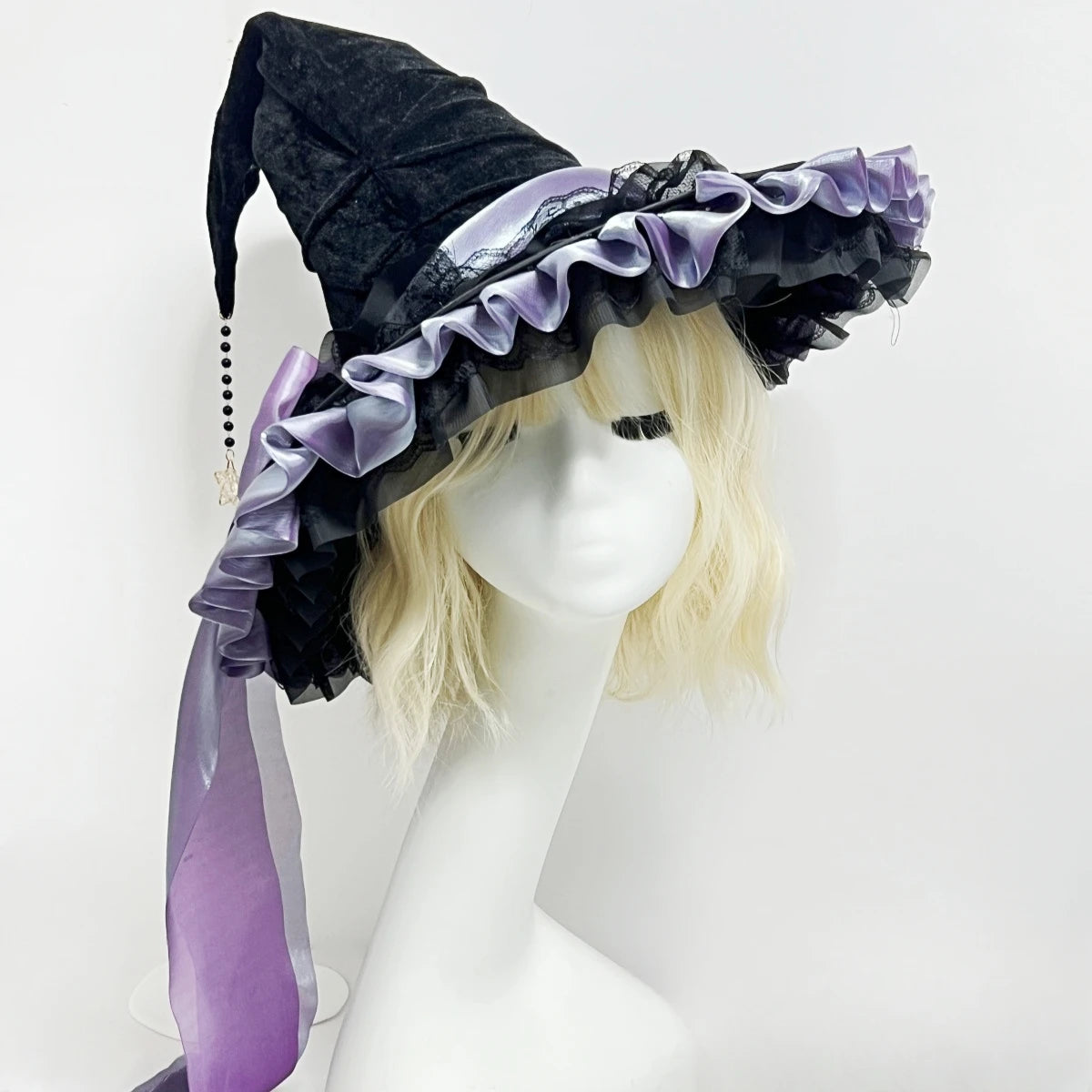Crooked Ruched Witch Hat with Bow - Large Black Halloween Wizard Hat