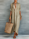 Women Oversized Linen Shirt Dress Longline Button-Down Contrast Trim Rolled Sleeves
