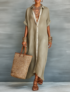 Women Oversized Linen Shirt Dress Longline Button-Down Contrast Trim Rolled Sleeves