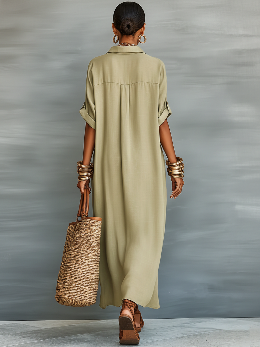 Women Oversized Linen Shirt Dress Longline Button-Down Contrast Trim Rolled Sleeves
