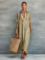 Women Oversized Linen Shirt Dress Longline Button-Down Contrast Trim Rolled Sleeves