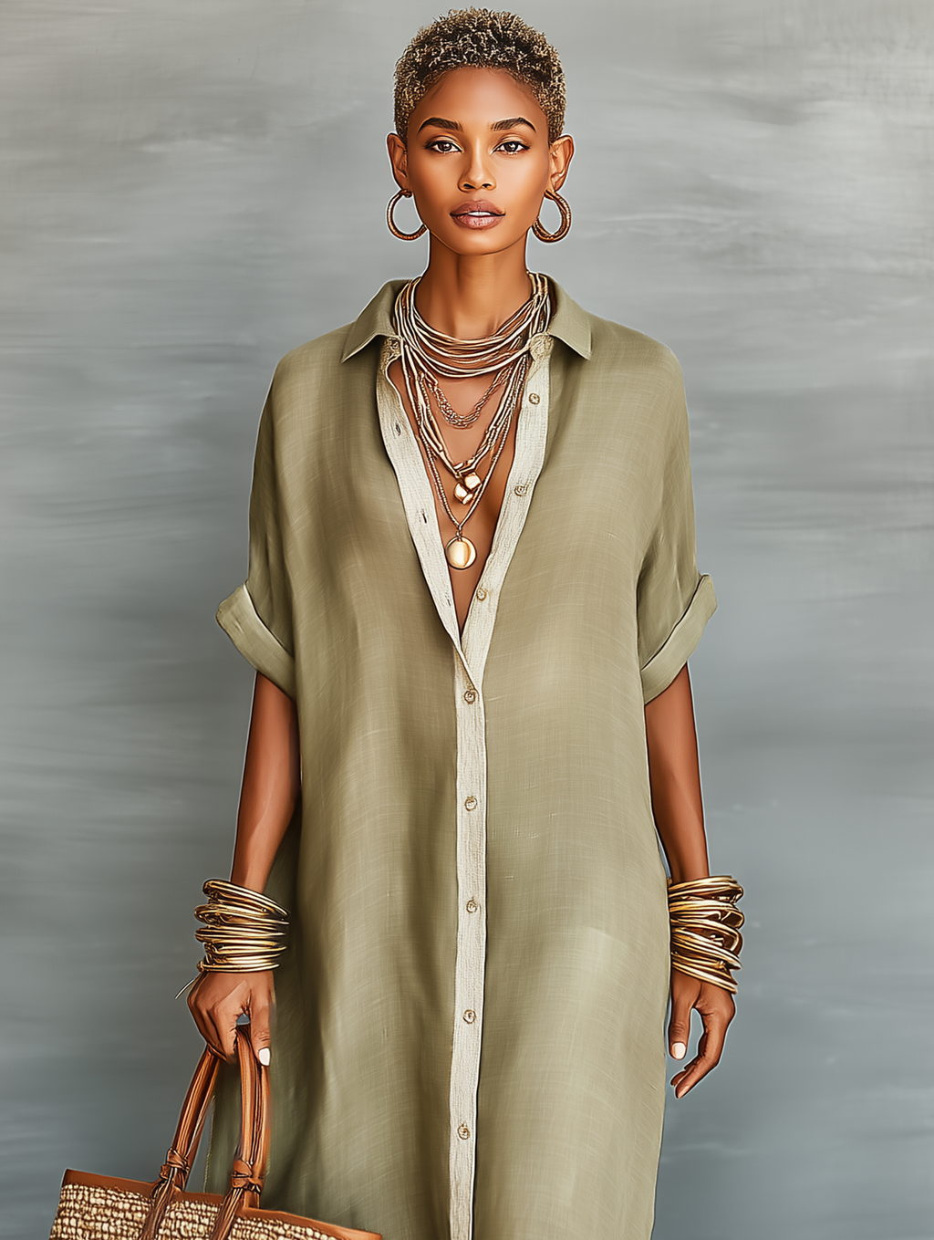 Women Oversized Linen Shirt Dress Longline Button-Down Contrast Trim Rolled Sleeves