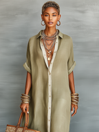 Women Oversized Linen Shirt Dress Longline Button-Down Contrast Trim Rolled Sleeves