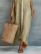 Women Oversized Linen Shirt Dress Longline Button-Down Contrast Trim Rolled Sleeves