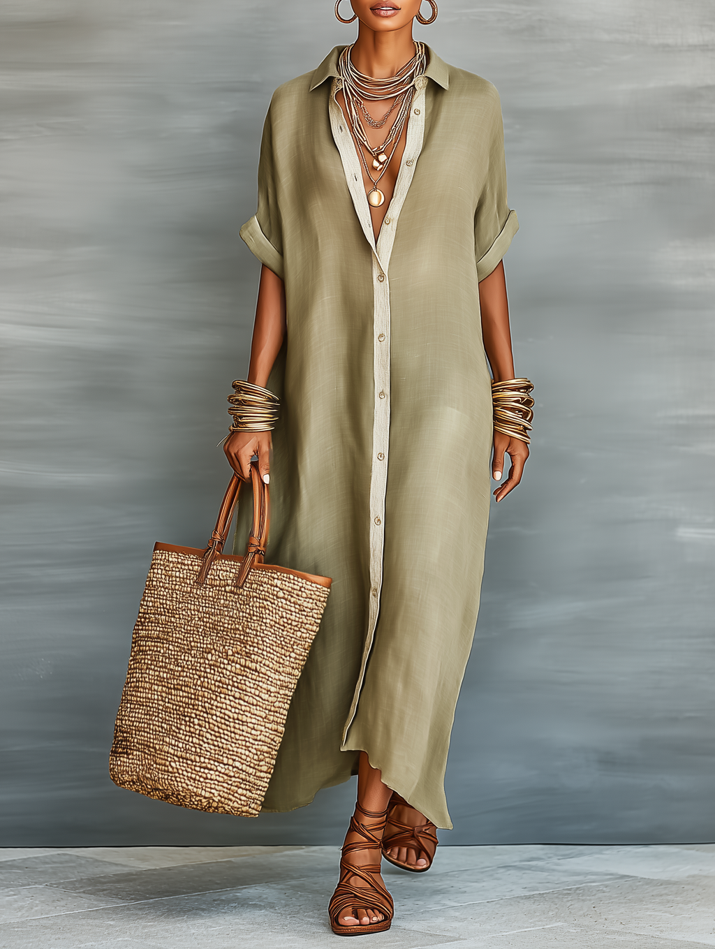 Women Oversized Linen Shirt Dress Longline Button-Down Contrast Trim Rolled Sleeves