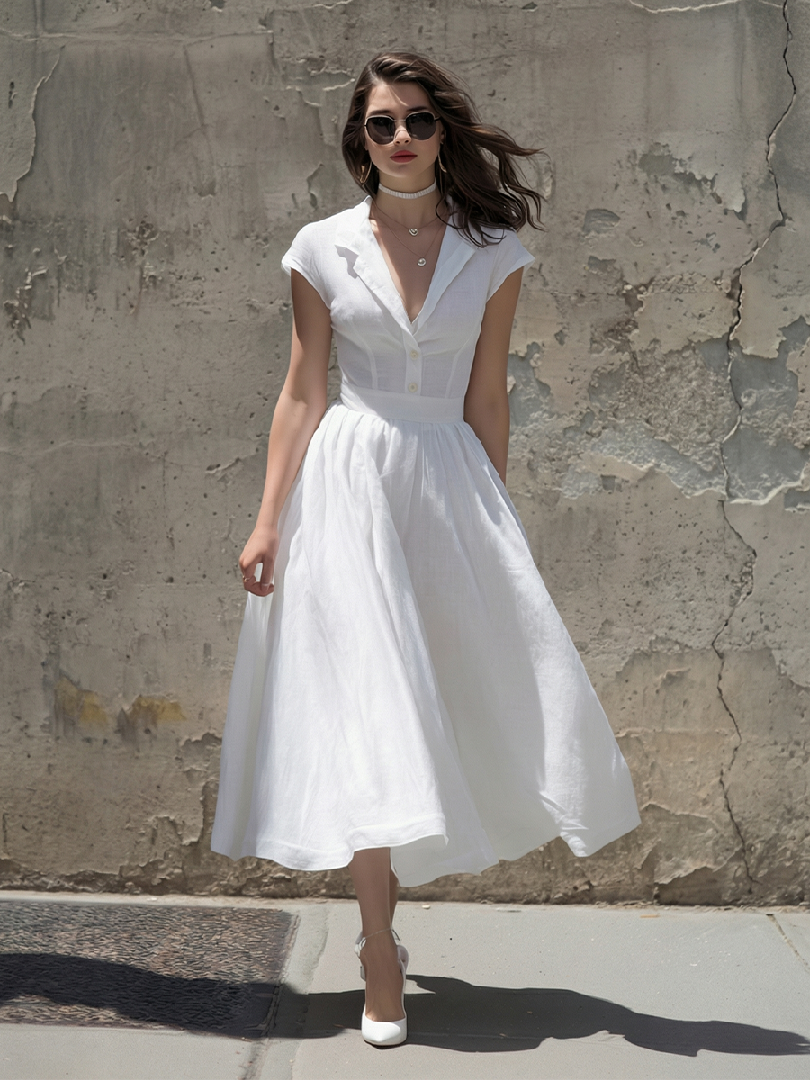 Chic White Linen Midi Dress for Women