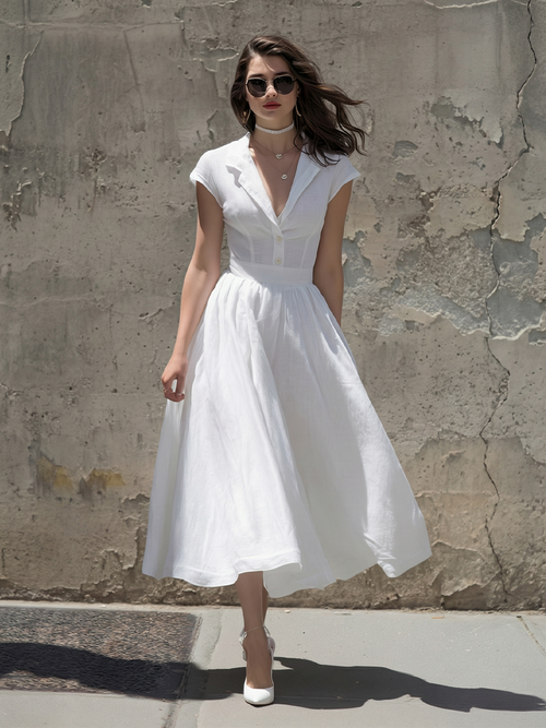Chic White Linen Midi Dress for Women