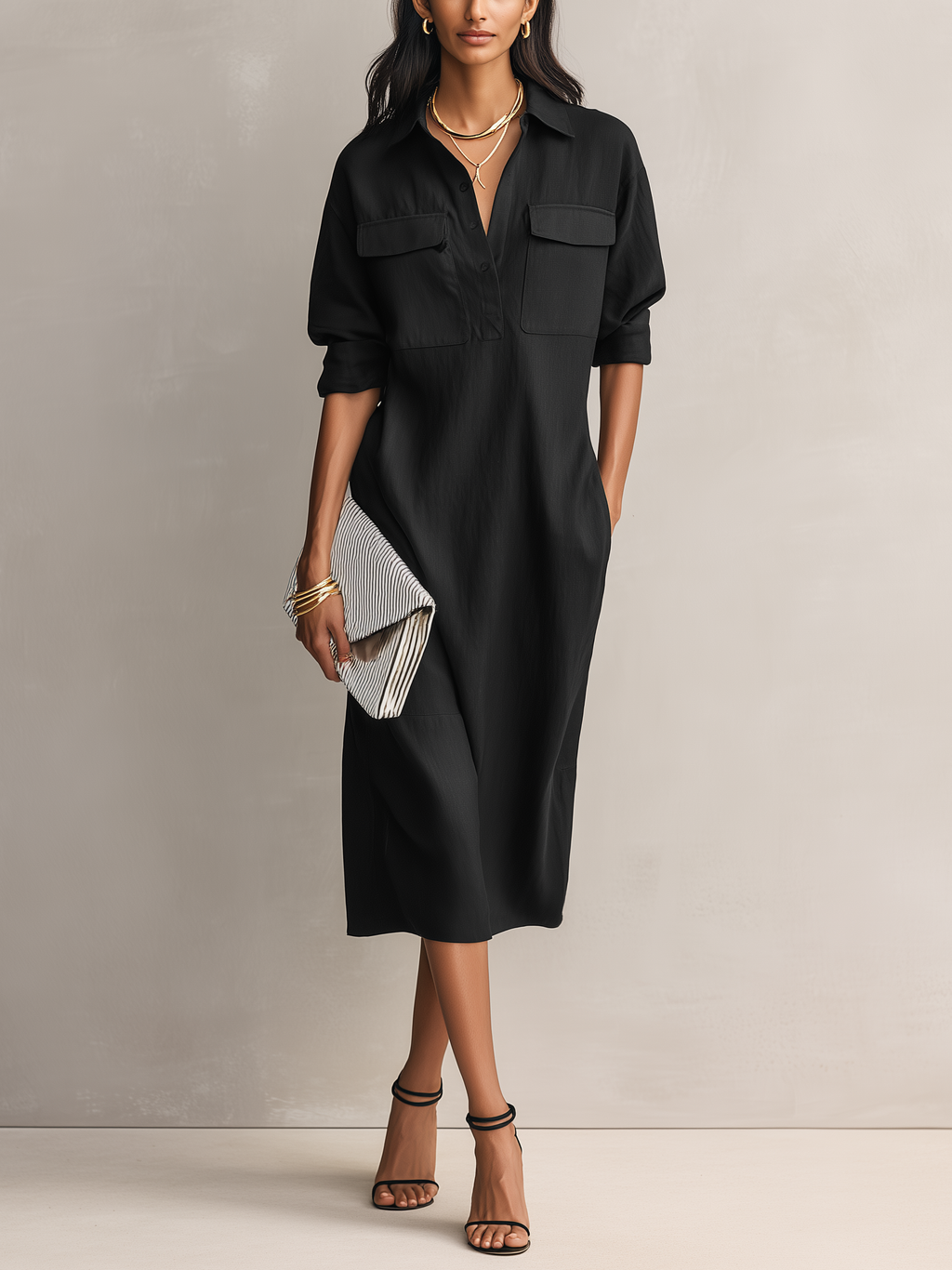 Women's Black Oversized Linen Midi Dress Long Sleeve Button Down Collar Relaxed Fit Shirt Dress