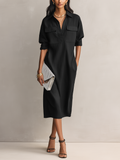 Women's Black Oversized Linen Midi Dress Long Sleeve Button Down Collar Relaxed Fit Shirt Dress