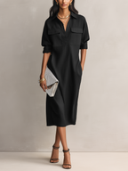 Women's Black Oversized Linen Midi Dress Long Sleeve Button Down Collar Relaxed Fit Shirt Dress