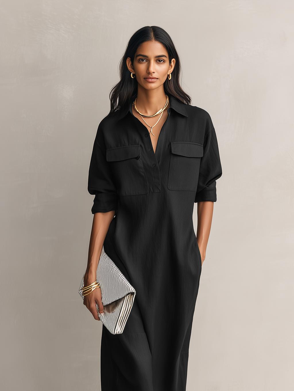 Women's Black Oversized Linen Midi Dress Long Sleeve Button Down Collar Relaxed Fit Shirt Dress