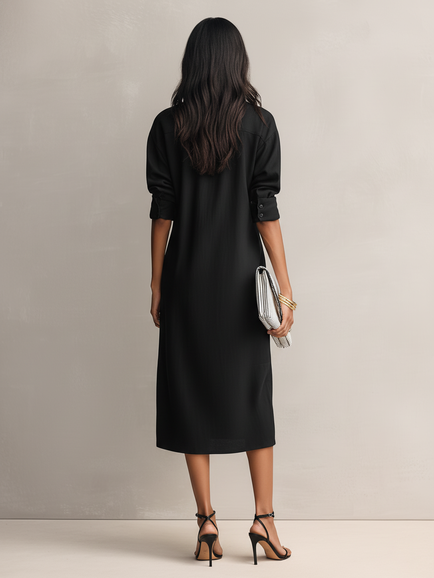 Women's Black Oversized Linen Midi Dress Long Sleeve Button Down Collar Relaxed Fit Shirt Dress