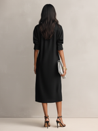 Women's Black Oversized Linen Midi Dress Long Sleeve Button Down Collar Relaxed Fit Shirt Dress