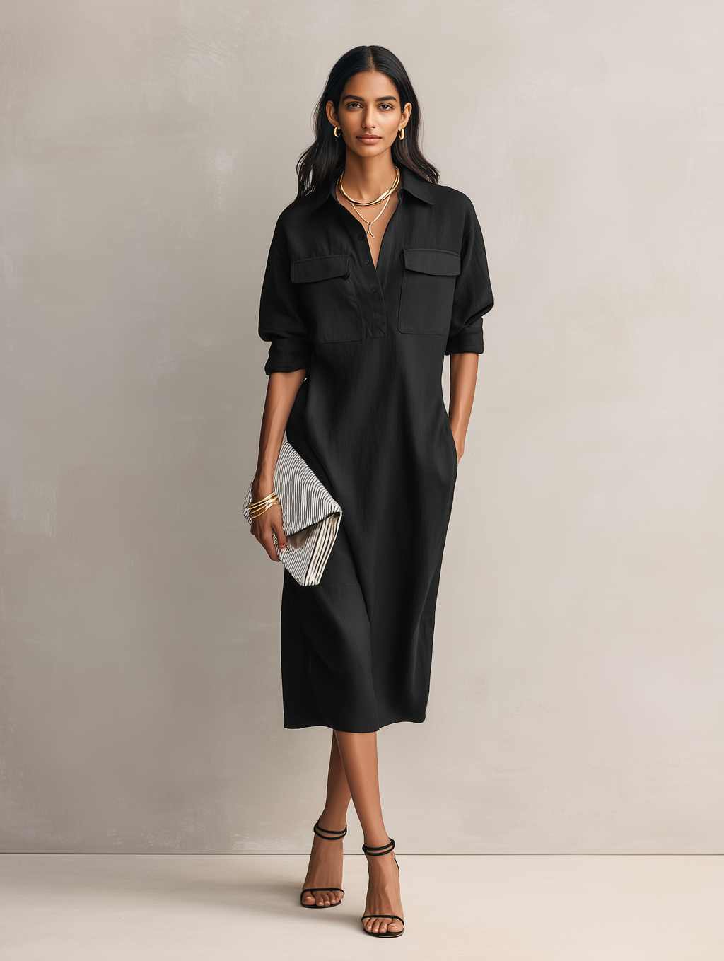 Women's Black Oversized Linen Midi Dress Long Sleeve Button Down Collar Relaxed Fit Shirt Dress